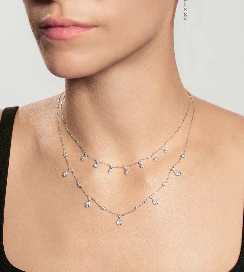Silver Graduated Bezel Round Drop Station Necklace