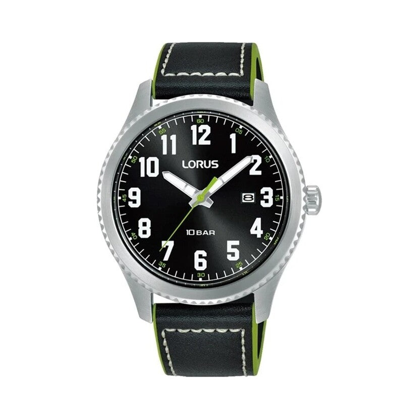 Lorus Black/Green Leather Strap Watch