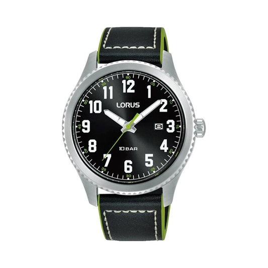 Lorus Black/Green Leather Strap Watch