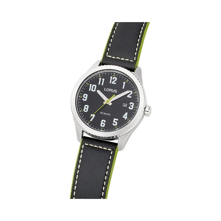 Lorus Black/Green Leather Strap Watch