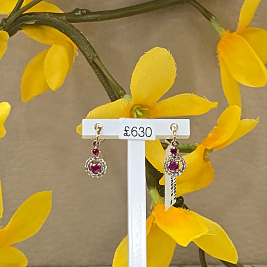 9ct Yellow Gold Ruby and Diamond Drop Earrings
