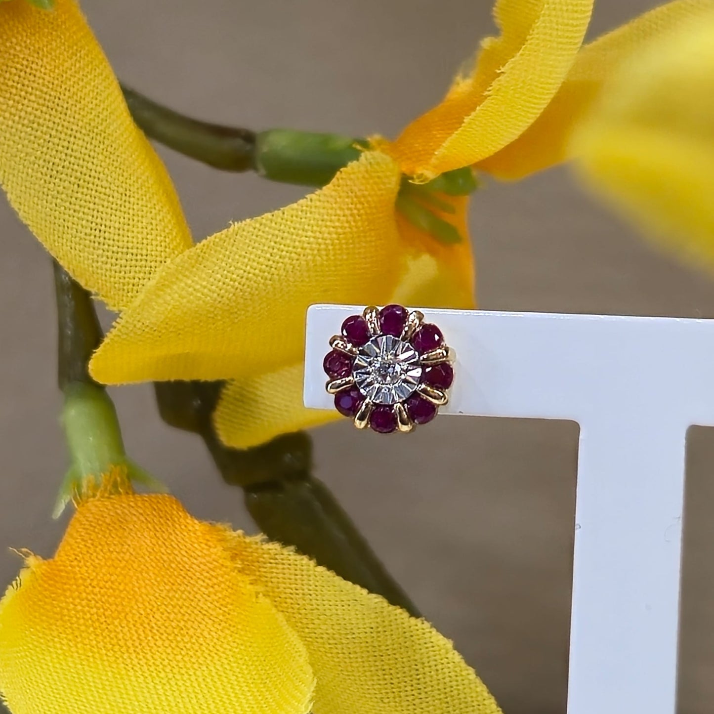 9ct Yellow Gold Ruby and Diamond Cluster Stud Earrings