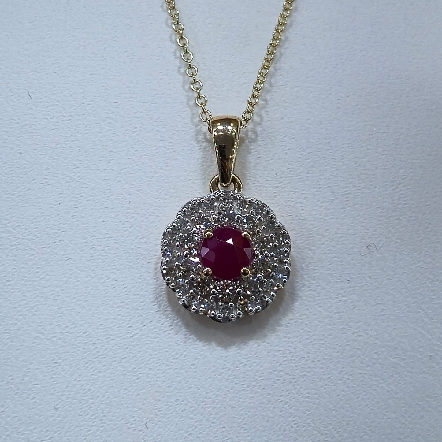 9ct Yellow Gold Ruby and Diamond Cluster Pendant on 18 inch chain