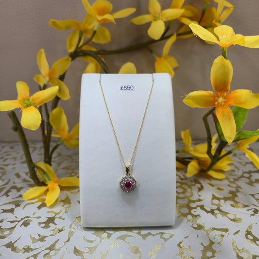 9ct Yellow Gold Ruby and Diamond Cluster Pendant on 18 inch chain