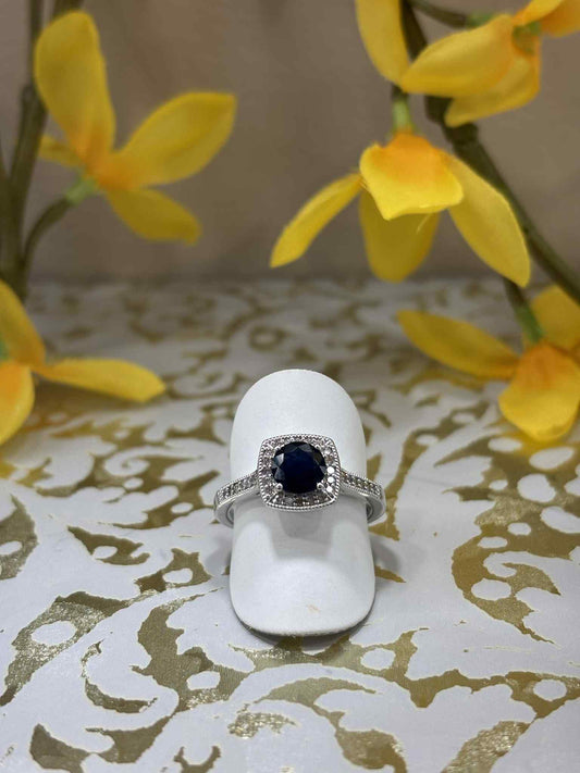 9ct White Gold Sapphire and Diamond Square Cluster Ring