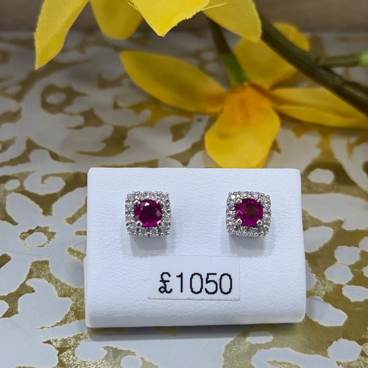 18ct White Gold Ruby and Diamond Square Stud Earrings
