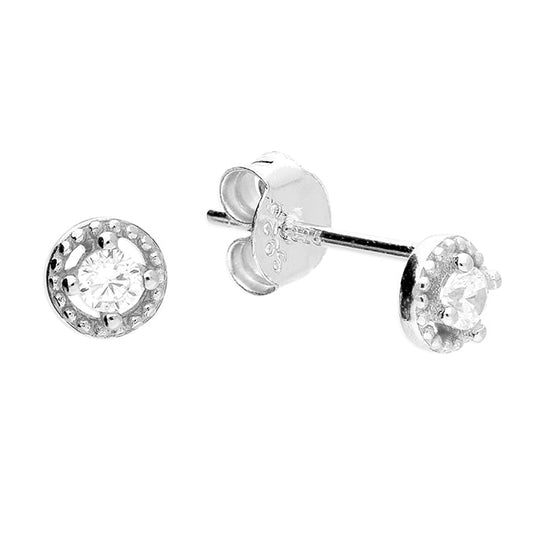 Sterling Silver CZ Beaded Halo Stud Earring - silver stud zirconia