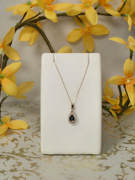 9ct Yellow Gold Sapphire and Diamond Teardrop Pendant on 18 inch chain