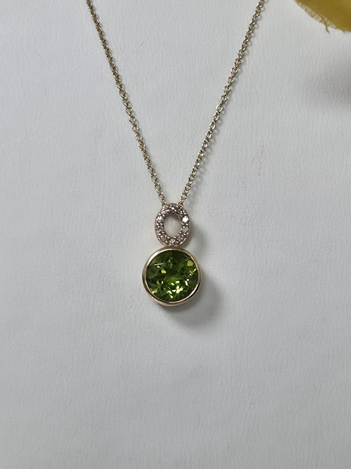 9ct Yellow Gold Peridot and Diamond Pendant on 18 inch chain